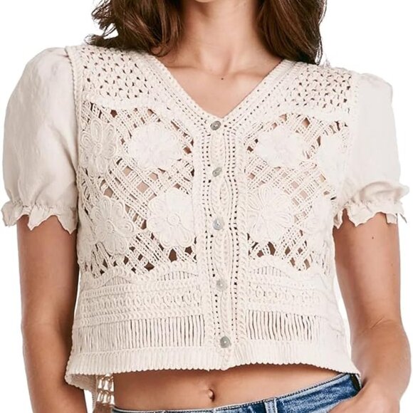 ANOTHER LOVE Sz M Ivory‎ BELIZE Crochet Woven Crop Cardigan Top Boho Festival - Picture 1 of 11